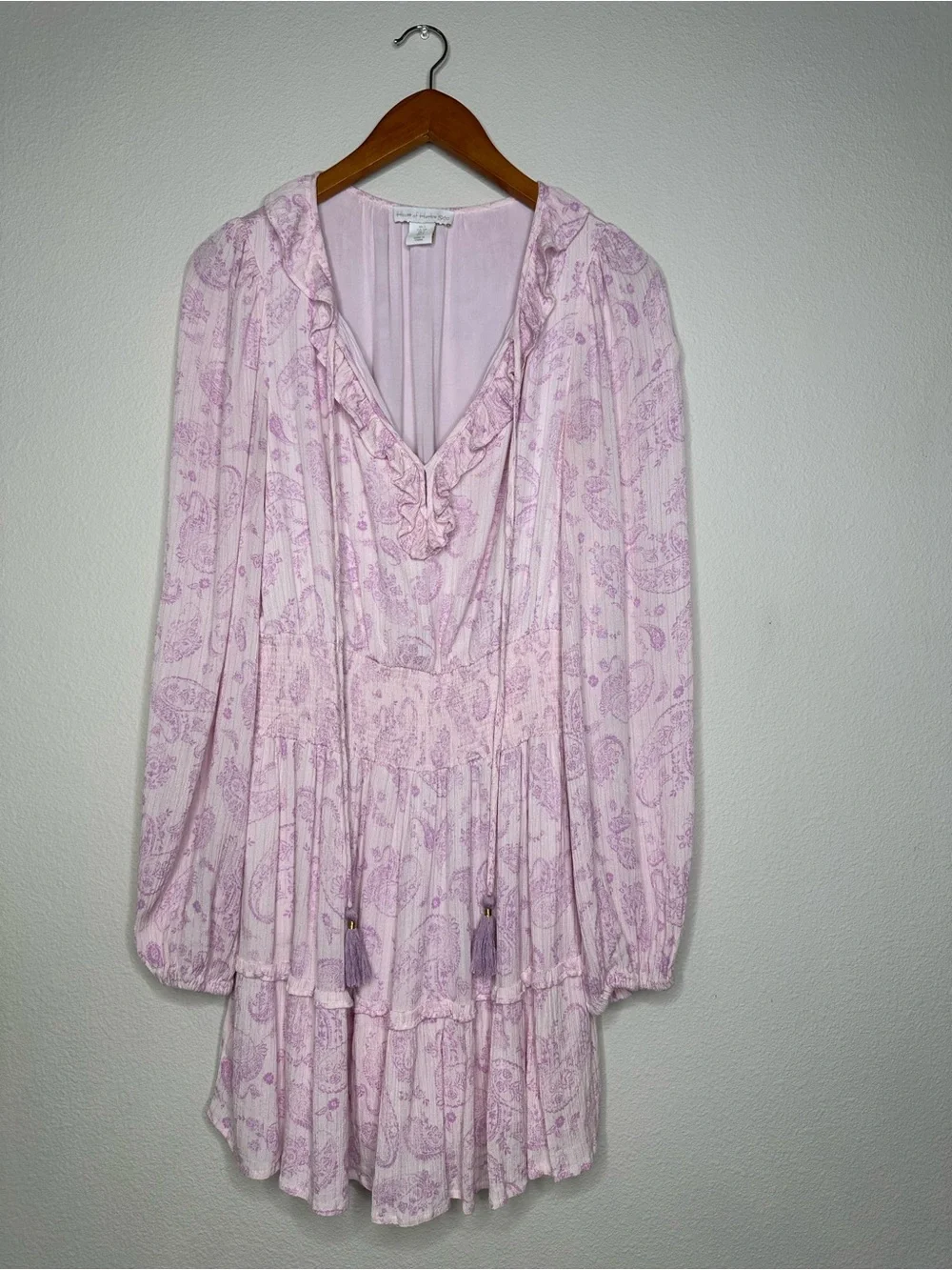 House of Harlow 1960 Boho Paisley Smocked Mini Dress S Lilac Puff Sleeve - Picture 4 of 14